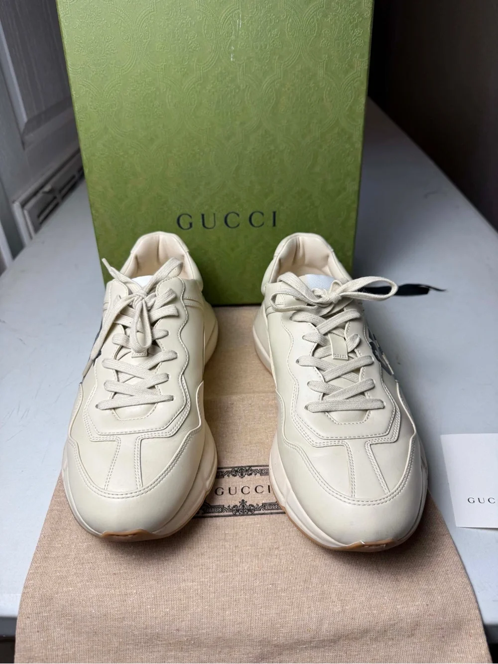 Gucci Rhyton Font Logo 25 Mens Beige Navy Blue 1921 Sneakers - Sz 9 G / US 10